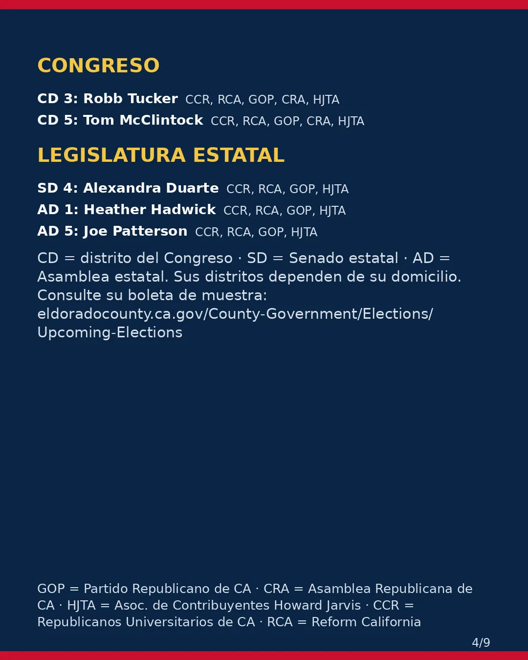 Condado de El Dorado, 3 de noviembre de 2026: la postura de los grupos conservadores sobre su boleta. (4/9)