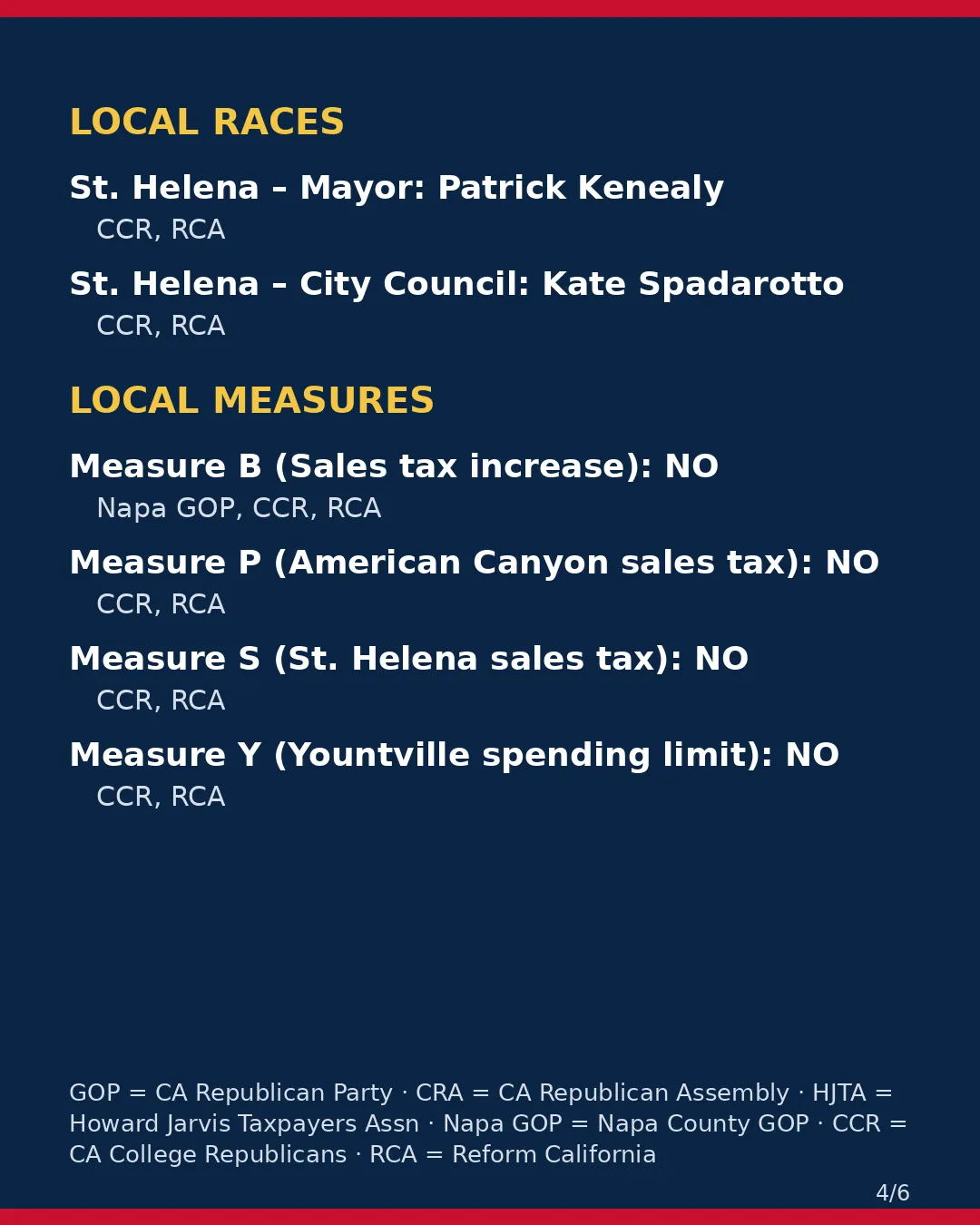 Napa County, Nov 3, 2026: where conservative groups stand on your ballot. (4/6)
