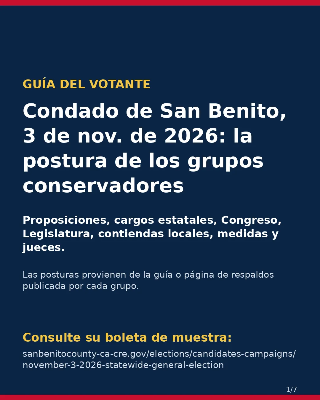Condado de San Benito, 3 de noviembre de 2026: la postura de los grupos conservadores sobre su boleta. (1/7)